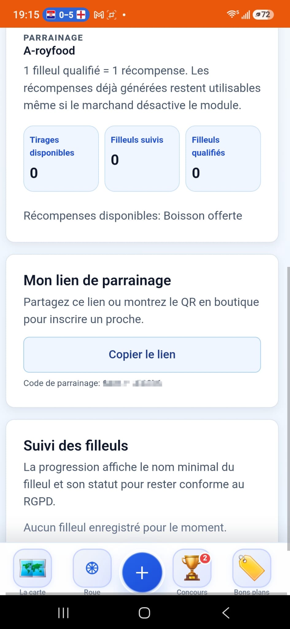 Espace client et lien de parrainage